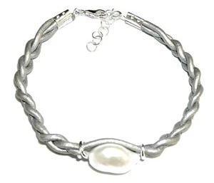 Bracelet Silver Sterling 925 With Pearl Cultivated 0 7/16in & Leather Grey Metal - Picture 1 of 3