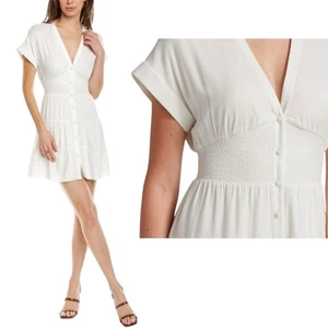Alice + Olivia Keela White Dress Mini Fit Flare V-Neck Smocked Button Up Size 6 - Picture 1 of 12