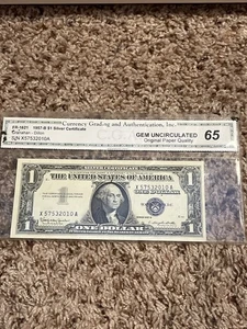 1957B $1 Silver Certificate Blue Seal CGA 65 Gem UNC, S/N X57532010A - Picture 1 of 2
