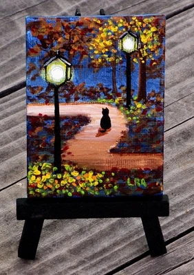 Fall Landscape Black Cat Painting Mini Art Gift ACEO size with easel Creationart - Image 1 of 3