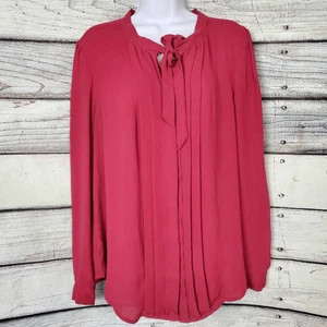 Ann Taylor LOFT Women’s Blouse XL Red Long Sleeve Tie Neck Pleated Front - Picture 1 of 7