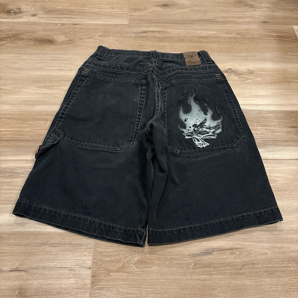 复古 90 年代黑色火焰骷髅 Jnco Jorts 尺寸 29 尺寸显示 — 第 1/4 张图片