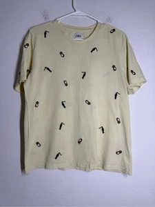 Rare Zara Men’s Cotton Embroidered Birds T-shirt Yellow Size M - Picture 1 of 7