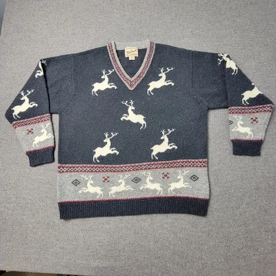 Woolrich Mens Large Wool Silk Blend Reindeer Sweater Blue Gray V-Neck Winter - Image 1 of 4