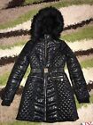 Ladies Size 10 River Island High Shine Belted Puffer Jacket Coat Faux Fur Hood.