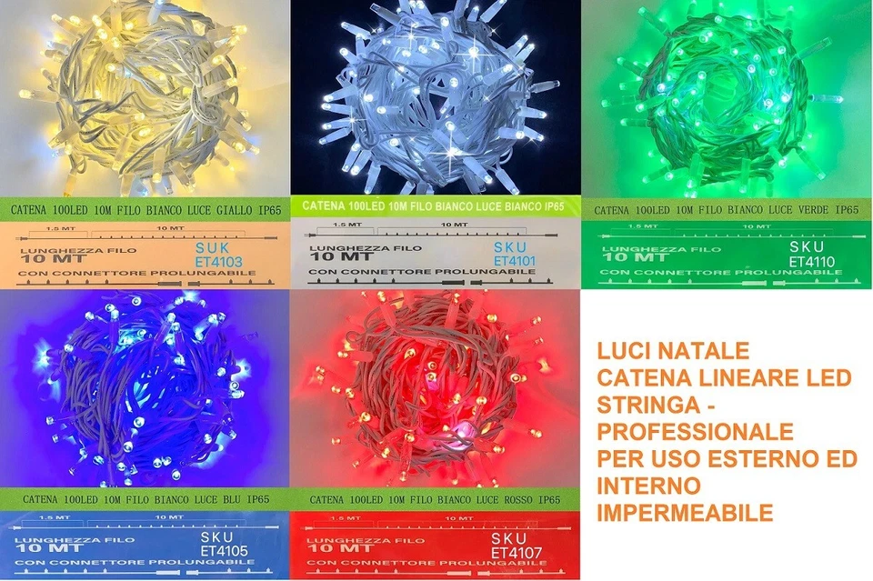 SERIE LUCI LED NATALE STRINGA CATENA 100 LED 10 METRI CON FLASH ESTERNO IP65 - Immagine 1 di 1