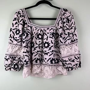Christian Siriano Medium Beige Black Puff Sleebe Crochet Lace Floral Top Shirt - Picture 1 of 6