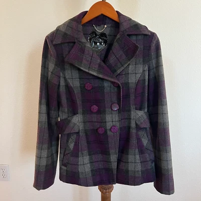 Guess Size S Purple Plaid Notch Lapel Double Breasted Wool Blend Belted Peacoat - Image 1 of 4