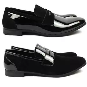 Neu Herren Schwarz Smoking Schuhe Slipper Lack/Wildleder Elegant Schuhe Bradley AZAR - Bild 1 von 36