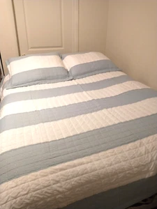 LUSH Decor 3 Piece Quilt Set Reversible Full / Queen Cotton Blue White Stripe - Picture 1 of 8