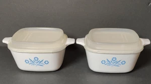 2 Vintage Corning Ware P-43-B Blue Cornflower 2 3/4 Cup Baking Dishes Two Lids - Picture 1 of 6