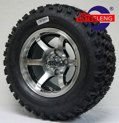 STEELENG GOLF CART 12"x7" MACHINED 'GT' WHEELS / RIMS and 23" All Terrain TIRES SET OF 4
