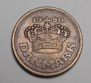 1990 Denmark 25 Ore Crown Christian V, Heart Royal Mint 2.8g 17.5mm Coin - Picture 1 of 6