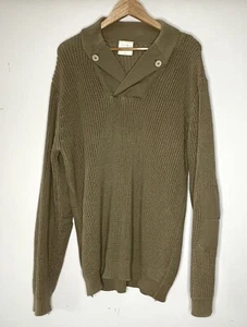 Mens Sweater XL Khaki Green Military Mechanics Shawl Collar Elbow Patches Cotton - Picture 1 of 6