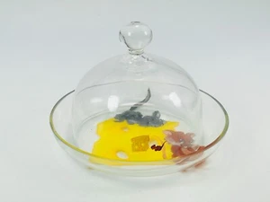 Vintage Hand Painted Reverse Glass Painted Mouse & Cheese Dish Dome Lid Cover - Picture 1 of 9
