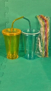 Neu im Karton 2er Set Reise Wasser GlĂ€ser Becher Flaschen mit Deckel Strohhalme 18 Unzenđ„ - Bild 1 von 12