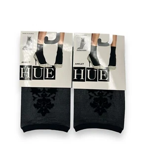 2 Pair HUE Womens Flocked Brocade Anklet Socks Black One Size Fits Most New - Picture 1 of 3