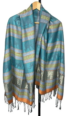 Cachecol elefante tailandês boho azul verde borla franja envoltório xale hippie novo com etiquetas artístico - Imagem 1 de 2