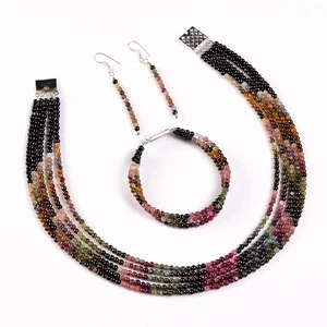 Multi tourmaline 925 sterling silver Necklace + bracelet + earring set jewelry - Picture 1 of 15