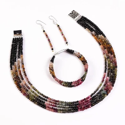 Multi tourmaline 925 sterling silver Necklace + bracelet + earring set jewelry - Image 1 of 4