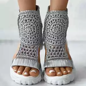 Sandals Women Braided Geometric Wedge Knitted Elastic Summer Shoes Mesh Flat - Picture 1 of 27