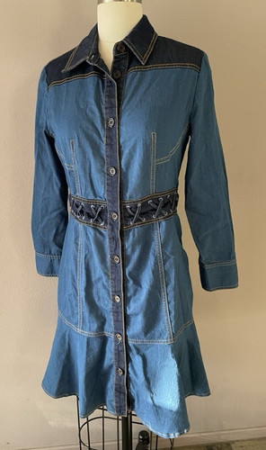 Abito Alexander McQueen blu denim elasticizzato vestibilità corta svasato LS punto alto bottoni M