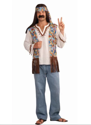 男式 HIPPIE GROOVY 套装头带和衬衫 带附加背心万圣节配件 — 第 1/2 张图片