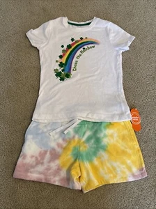 Girls 10/12 St Patrick’s Day Rainbow Shamrock Outfit Shirt & Tie Dye Shorts - Picture 1 of 10