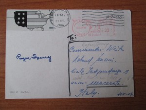 Sperry, Roger. Cartolina con firma autografa, 1986