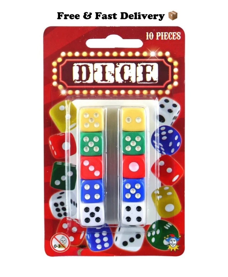 10 Piece Dice Set Coloured Six Sided Home Casino Playing Games Ludo Fun