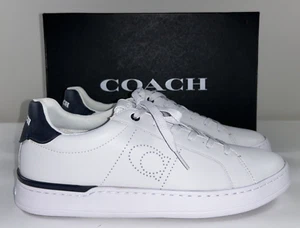 COACH Size 9.5 Women's Shoes Sneaker SIG C White Navy Leather LOW LINE NEW $198 - Picture 1 of 7