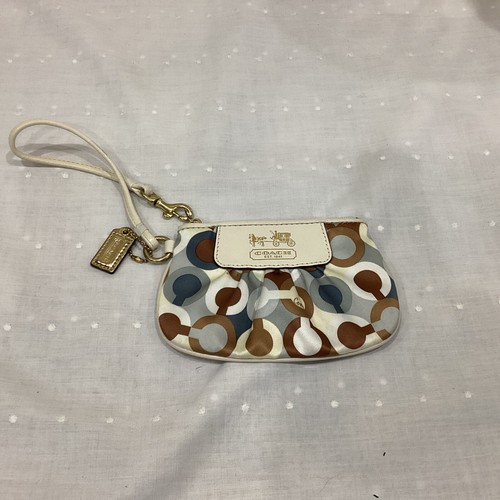 Portafoglio monete Coach firmato raso e pelle avorio grafica Madison