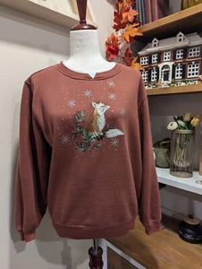 Vintage Embroidered Winter Fox Grandmacore Cottagecore Pullover Sweatshirt Med - Picture 1 of 3