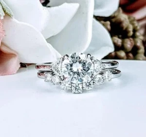 2.55CT Round Cut Real Moissanite Women's Bridal Ring Set 14K White Gold Plated - Picture 1 of 6