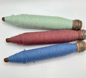 Vtg Wooden Spools Wool Textile Thread Bobbin Spindle Lot of 3 Sewing Antique - Picture 1 of 6