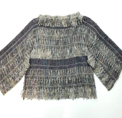 Artisan Sweater Women Fringe Weaved Art to Wear 3/4 Sleeve Gray Hippie Boho - Image 1 of 4