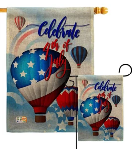 July 4th Hot Air Balloon Burlap Garden Flag Americana Fourth Yard Banner - Picture 1 of 19