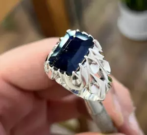 Emerald Cut Blue Sapphire Ring Natural Sapphire Stone Men Ring 925 Silver Neelam - Picture 1 of 4