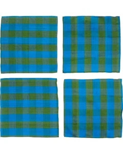 Vintage Cocktail Napkins Set 4 Blue Green Silk Gingham Plaid Barware Party 9x9 - Picture 1 of 11
