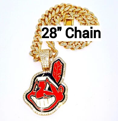 CLEVELAND INDIANS GEM NECKLACE Gold Hip Hop MLB Bling Pendant & 28" Chain - Image 1 of 3