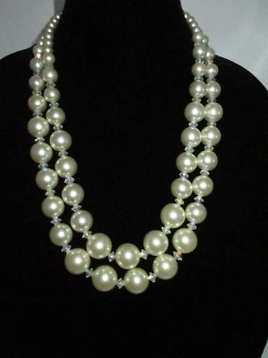 Crystal Imitation Pearl Double Layered Necklace Ivory Aurora Borealis Vintage  - Image 1 of 4