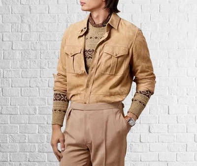 Everyday Cool Wear: Tan Suede Casual Collared Button Leather Jacket for Men - Image 1 of 4