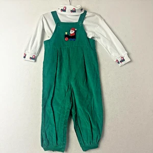Vtg child 4T romper one piece jumper corduroy green Santa on train turtleneck - Picture 1 of 8