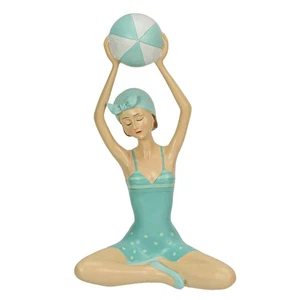 Retro Bathing Beauty Beach Girl With Ball Sage Green Polka Dot Swimsuit Figurine - Picture 1 of 5