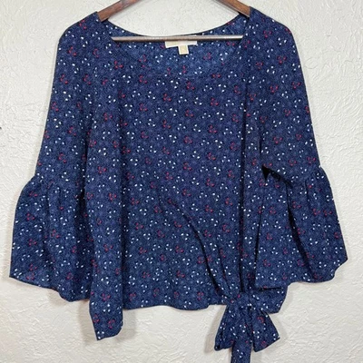 Blusa Michael Kors Top XL Estampa de Coração Azul Marinho Branco Manga de Sino Feminina Love Art - Imagem 1 de 4