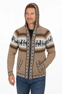 MEN HANDMADE ANDEAN ALPACA DARK BEIGE ZIP HOODIE SWEATER SZ L - Foto 1 di 9
