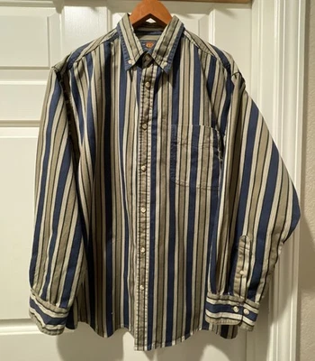 VTG 90s Route 66 Shirt Men’s Sz L Blue Tan Striped Long Sleeve Cotton Twill Flaw - Image 1 of 4