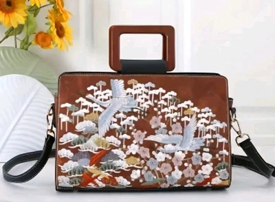 Beautiful Embroidered Crane and Flower Satchel Crossbody Wood Handle Zip Bag  - Image 1 of 4