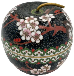 Vintage Apfel Schmuckschatulle chinesische Cloisonne Blumen MCM blau innen - Bild 1 von 6
