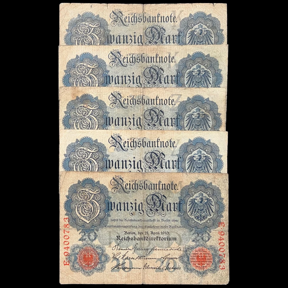 5x 1914 German 20 Mark Banknote WW1 WWI Military Inflation Fascist Kaiser War - Image 1 of 4